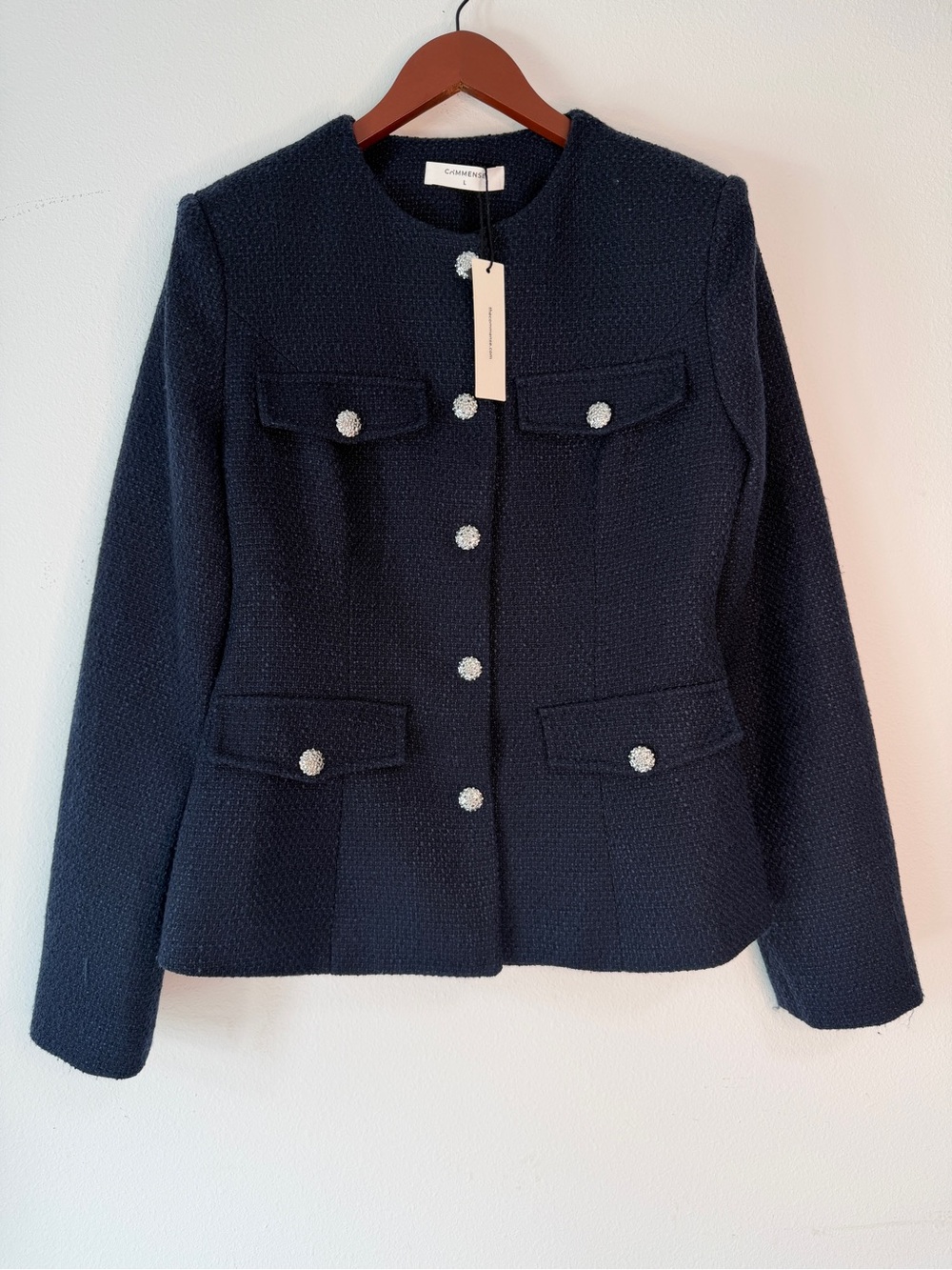 Commense Navy Blue Tweed Blazer Jacket Womens Large Preppy Faux Pockets NWT